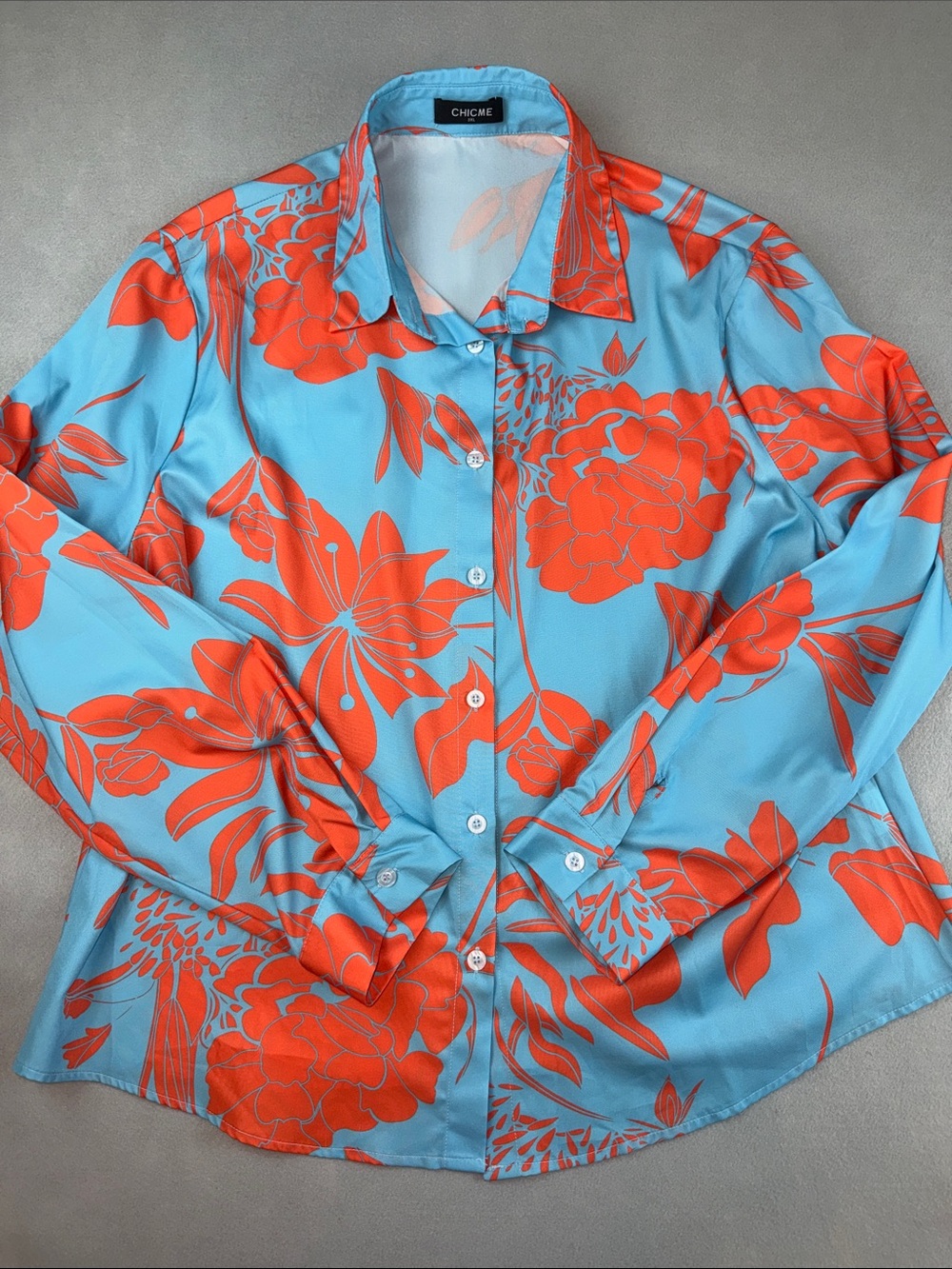 Chicme Bright Tropical Orange Blue Floral Button-Down Shirt Size 3X